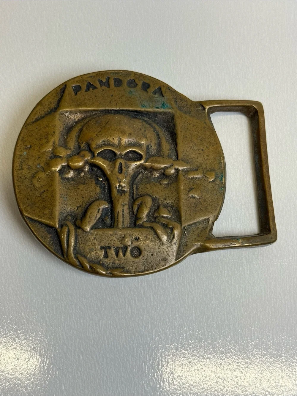 Pandora Two Brass Vintage Belt Buckle Skull Heavy Cast Rare Collectible Gold